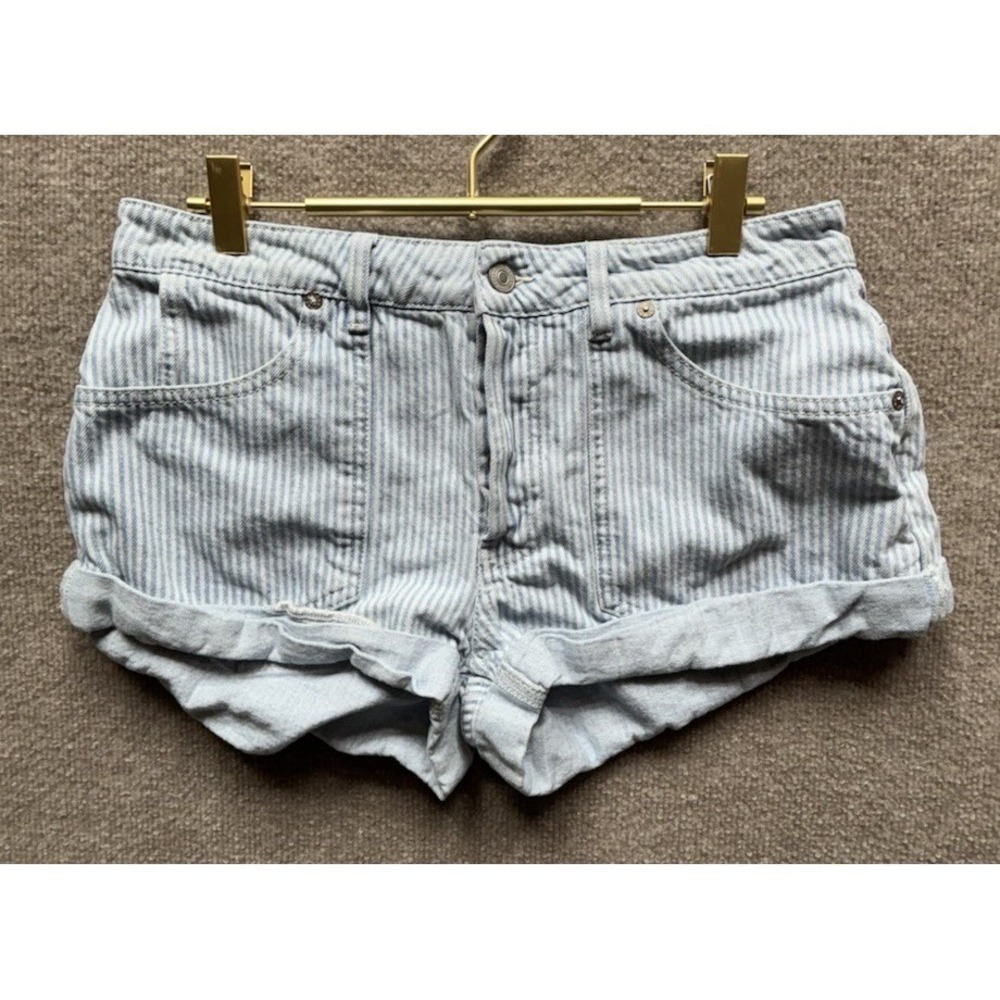 Free People We The Free Now Or Never Stipe Denim Shorts 27 Blue Roll Hem EUC